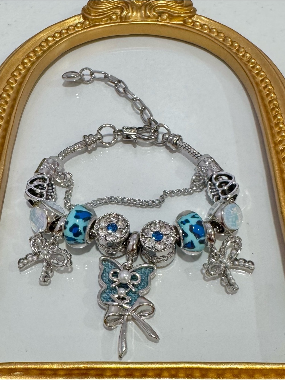New Silver-Tone Blue Charm Bracelet with Butterfly & Bow Accents
